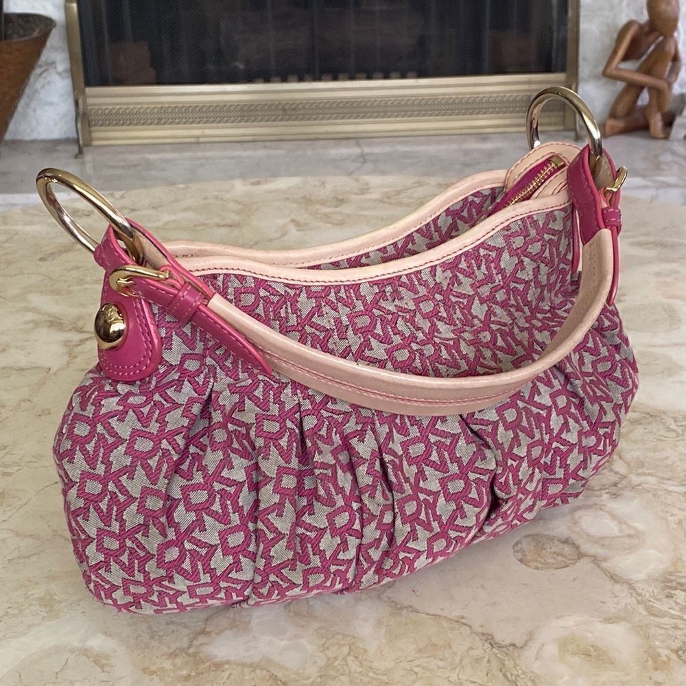 Donna Karan Vintage Monogram& Leather Small Hobo Bag